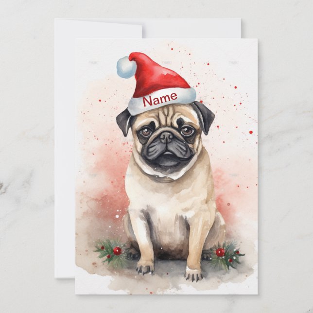 Pug Christmas Watercolor Art with Poinsettia Holiday Card (Front)