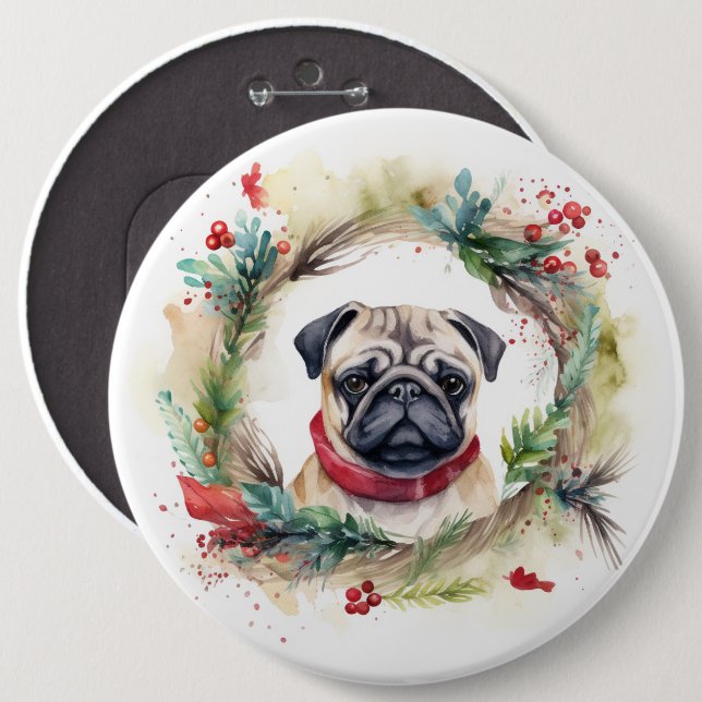 Pug Christmas Wreath Festive Pup  6 Cm Round Badge (Front & Back)