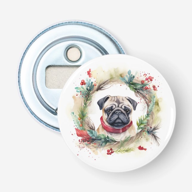 Pug Christmas Wreath Festive Pup  Bottle Opener (Front)