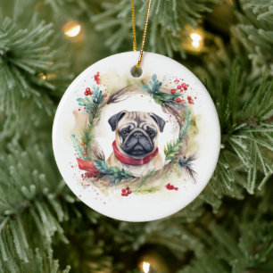 Pug Christmas Wreath Festive Pup  Ceramic Tree Decoration