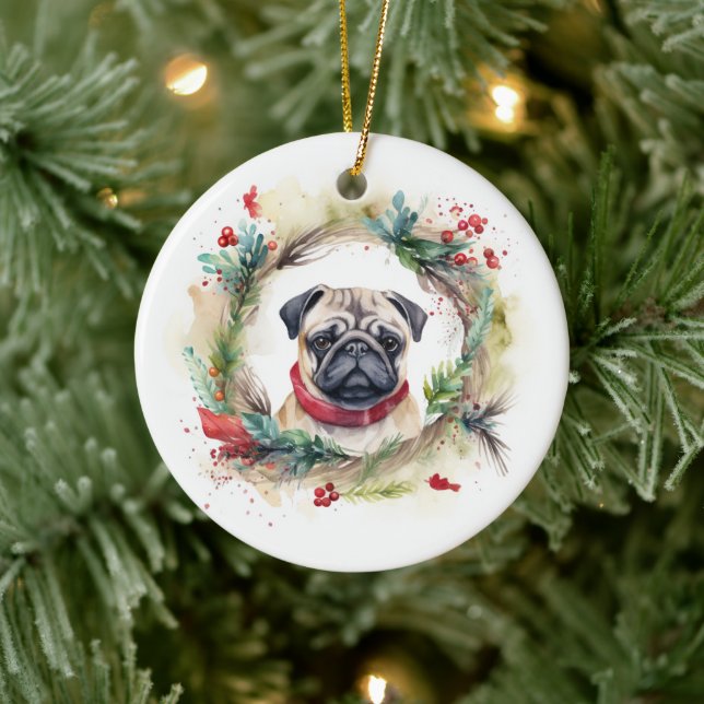 Pug Christmas Wreath Festive Pup  Ceramic Tree Decoration (Tree)