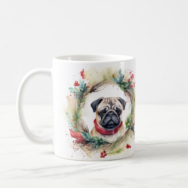 Pug Christmas Wreath Festive Pup  Coffee Mug (Left)