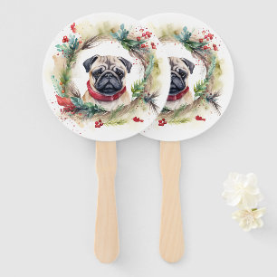 Pug Christmas Wreath Festive Pup  Hand Fan