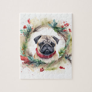 Pug Christmas Wreath Festive Pup Jigsaw Puzzle