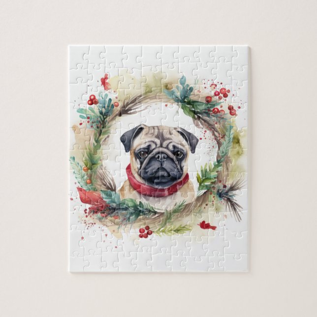 Pug Christmas Wreath Festive Pup  Jigsaw Puzzle (Vertical)