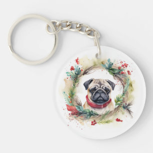 Pug Christmas Wreath Festive Pup  Key Ring
