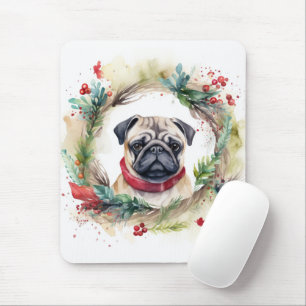 Pug Christmas Wreath Festive Pup  Mouse Mat