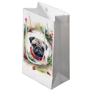 Pug Christmas Wreath Festive Pup  Small Gift Bag