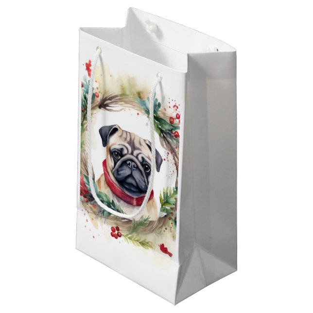 Pug Christmas Wreath Festive Pup  Small Gift Bag (Front Angled)