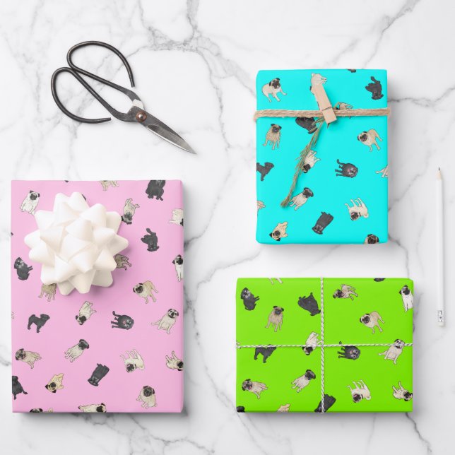 Pug Confetti - bubble gum pink, turquoise, green  Wrapping Paper Sheet (Front)