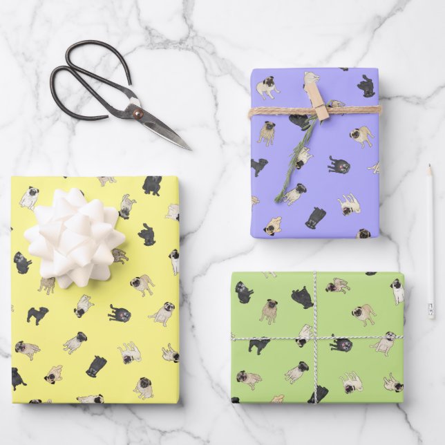 Pug Confetti - yellow, purple, green  Wrapping Paper Sheet (Front)