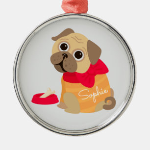 Pug cute dog personalised name metal tree decoration