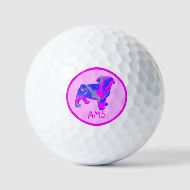 Pug Cute Pink Dog Silhouette Monogram Golf Balls (Front)