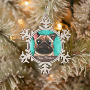 Pug Cute Watercolor, Pet, Snowflake Ornament