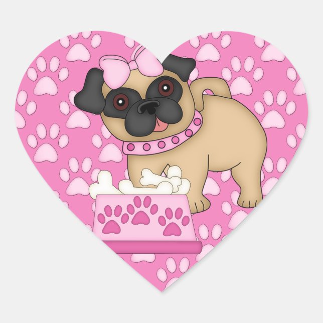 Pug Cuties Pink Stripes and Paws Heart Sticker (Front)