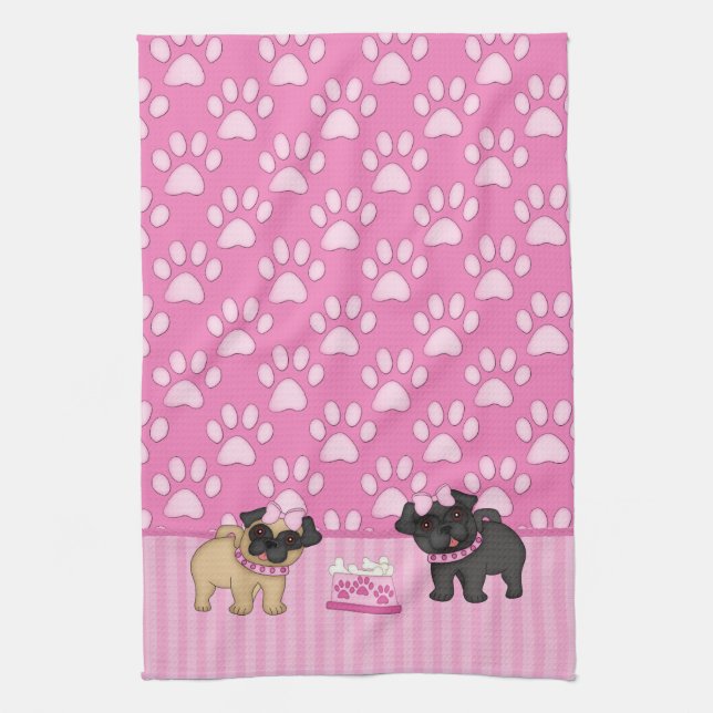 Pug Cuties Pink Stripes and Paws Tea Towel (Vertical)