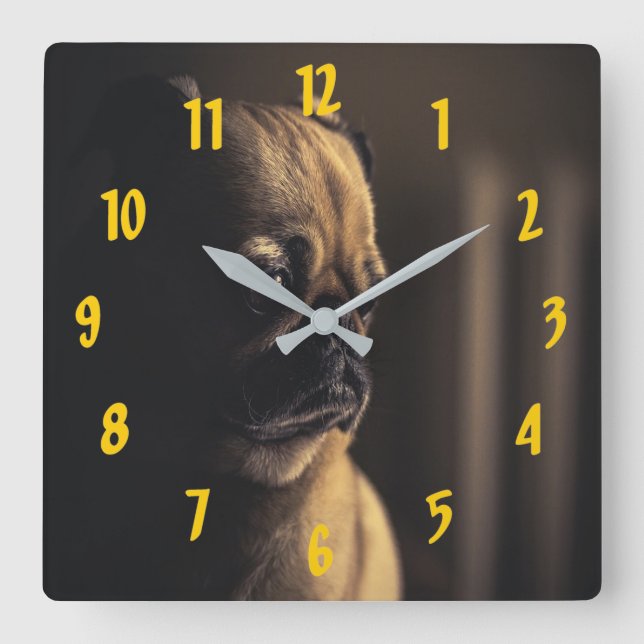 Pug Deep In Thought Square Wall Clock (Front)