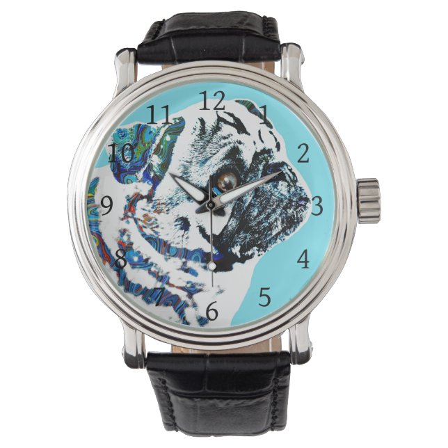 Pug Dog 166 turquoise blue background Watch (Front)