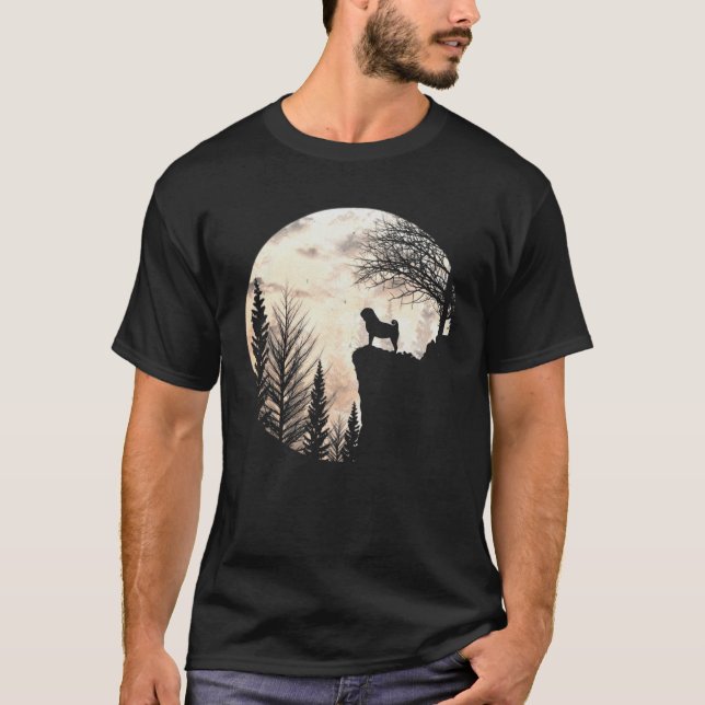 Pug Dog And Moon Silhouette Funny Halloween Costum T-Shirt (Front)