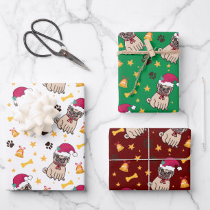 Pug Dog And Santa Hat Christmas Wrapping Paper Sheet