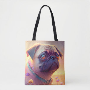 Pug Dog Animal Portrait Painting Pet Character Tote Bag
