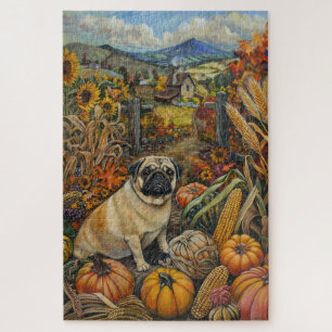 Pug Dog Autumn Harvest Thanksgiving Jigsaw Puzzle