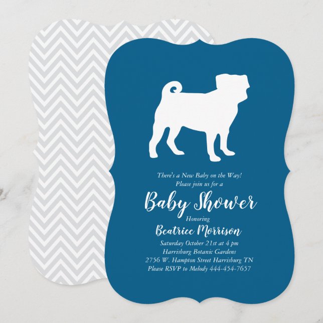 Pug Dog Baby Shower Blue for Boy Invitation (Front/Back)