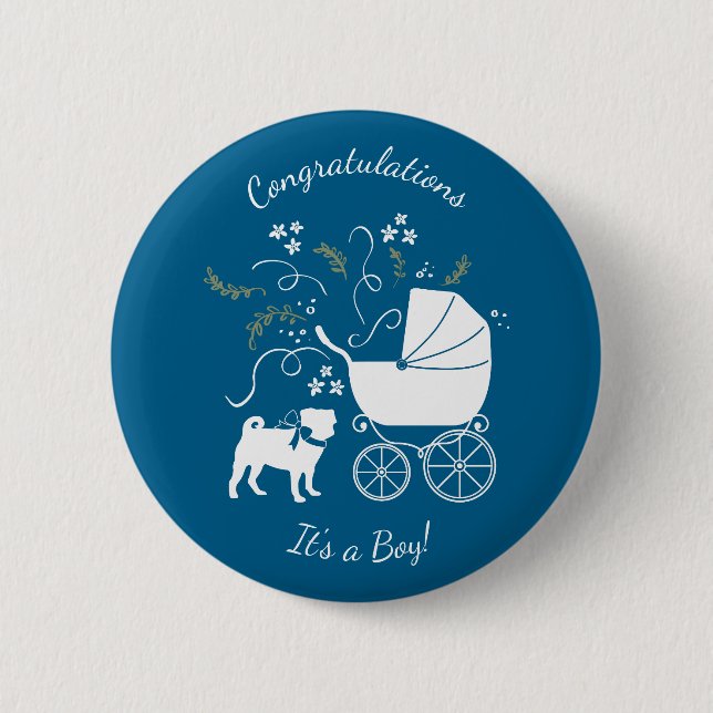 Pug Dog Baby Shower Boy Blue with Bow 6 Cm Round Badge (Front)