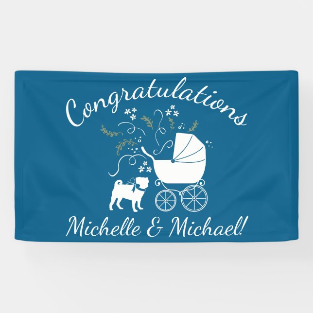 Pug Dog Baby Shower Boy Blue with Bow Banner (Horizontal)