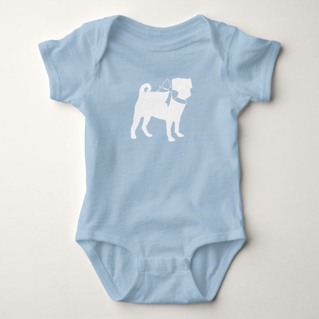 Pug Dog Baby Shower Boy Blue with Bow Bodysuit (Front)