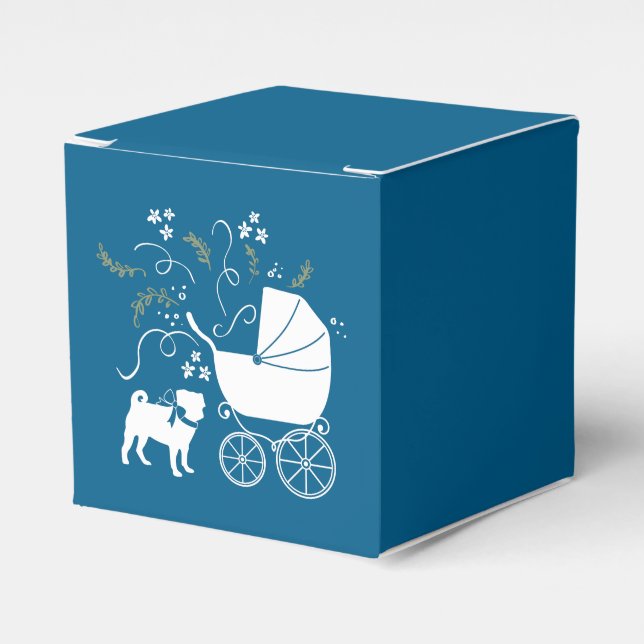 Pug Dog Baby Shower Boy Blue with Bow Favour Box (Front Side)