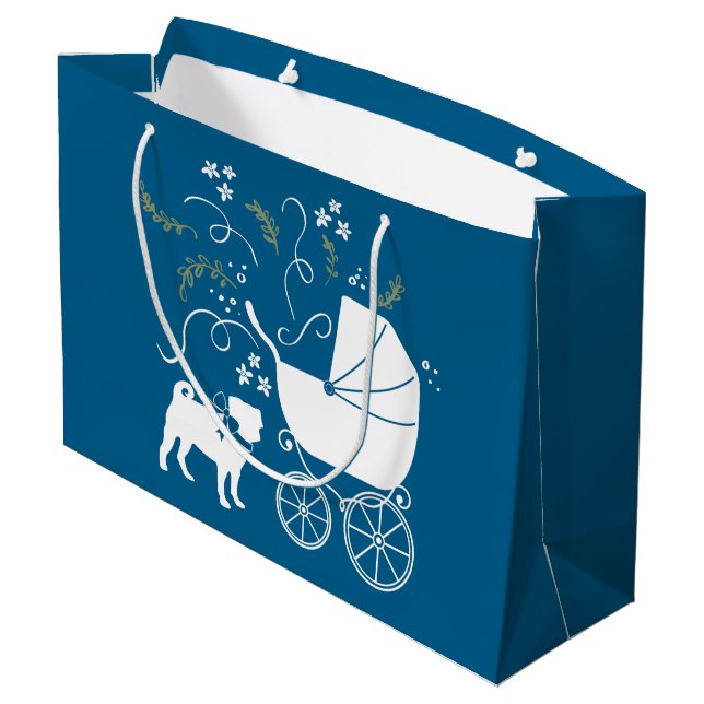 Pug Dog Baby Shower Boy Blue with Bow Large Gift Bag (Back Angled)