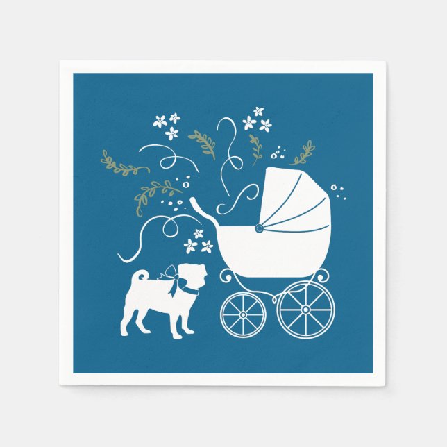 Pug Dog Baby Shower Boy Blue with Bow Napkin (Front)