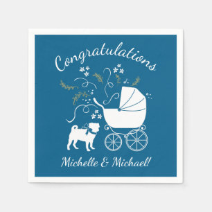 Pug Dog Baby Shower Boy Blue with Bow Napkin