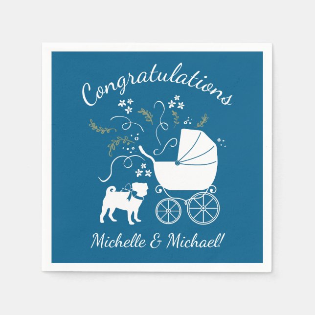 Pug Dog Baby Shower Boy Blue with Bow Napkin (Front)