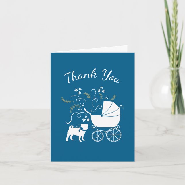 Pug Dog Baby Shower Boy Blue with Bow Thank You Card (Front)