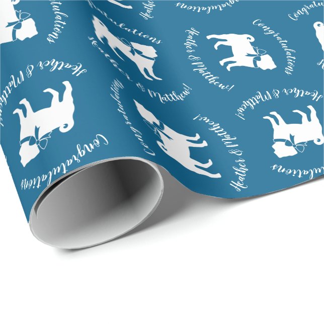 Pug Dog Baby Shower Boy Blue with Bow Wrapping Paper (Roll Corner)