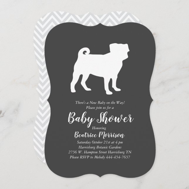 Pug Dog Baby Shower Gender Neutral Grey Invitation (Front/Back)