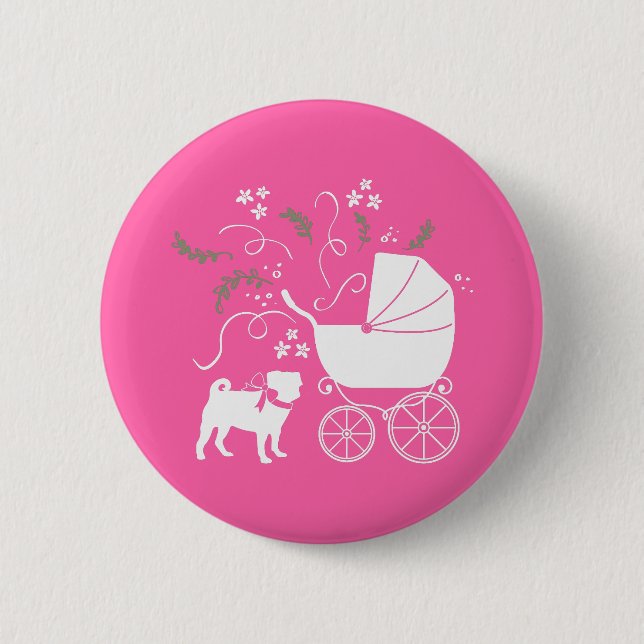 Pug Dog Baby Shower Girl Pink with Bow 6 Cm Round Badge (Front)