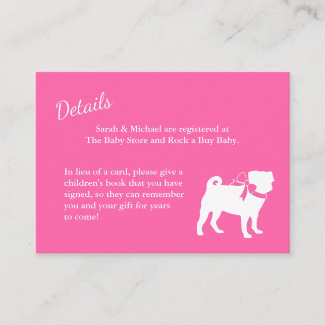 Pug Dog Baby Shower Girl Pink with Bow Enclosure Card (Front)