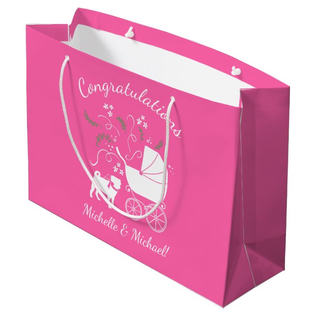 Pug Dog Baby Shower Girl Pink with Bow Large Gift Bag (Back Angled)