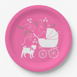 Pug Dog Baby Shower Girl Pink with Bow Paper Plate