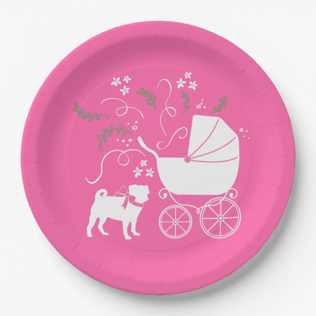 Pug Dog Baby Shower Girl Pink with Bow Paper Plate (Front)