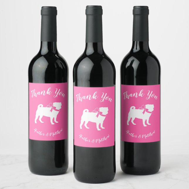 Pug Dog Baby Shower Girl Pink with Bow Wine Label (Bottles)