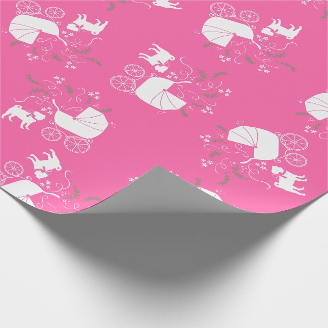 Pug Dog Baby Shower Girl Pink with Bow Wrapping Paper (Corner)