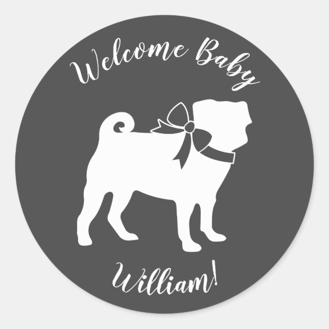 Pug Dog Baby Shower Grey Puppy Gender Neutral Classic Round Sticker (Front)