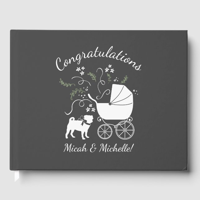 Pug Dog Baby Shower Grey Puppy Gender Neutral Guest Book (Front)