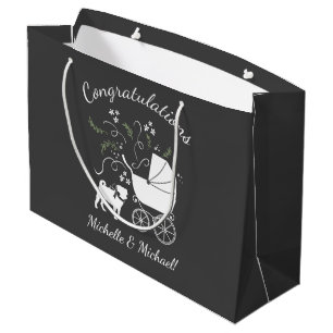 Pug Dog Baby Shower Grey Puppy Gender Neutral Large Gift Bag