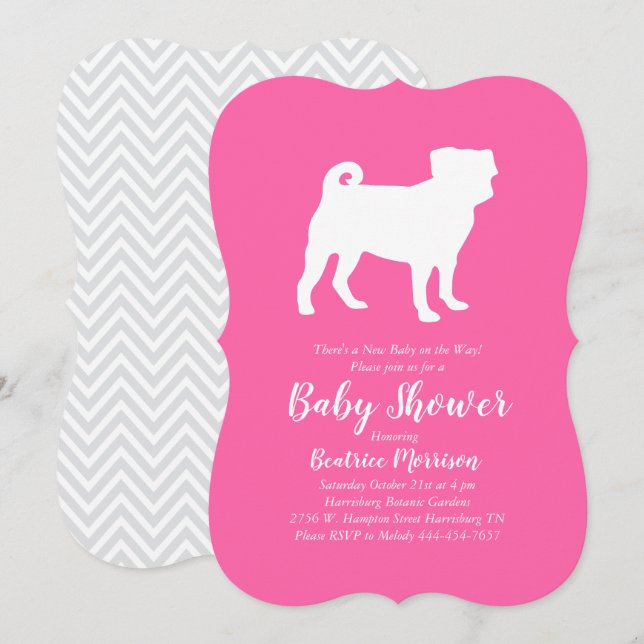 Pug Dog Baby Shower Puppy Pink Girl Invitation (Front/Back)