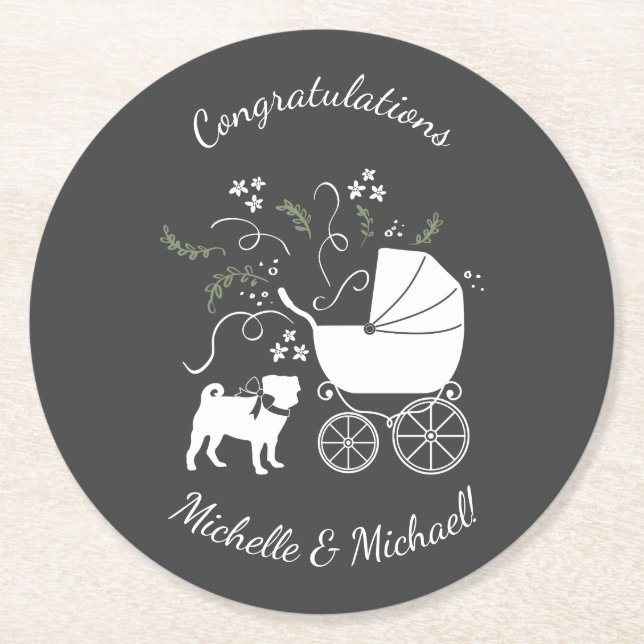 Pug Dog Baby Shower Theme Puppy Gender Neutral Round Paper Coaster (Front)